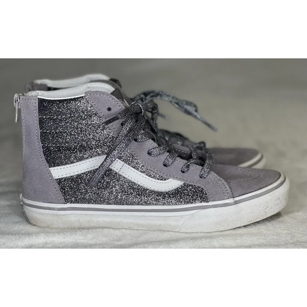 Vans Kids Size 4 SK8-Hi Top Zip Glitter Silver Sneakers Gunmetal Gray